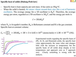 Specific heat of solids (Dulong-Petit law)
- Specific heat is heat capacity per unit mass. It has units as J/Kg/oC.
- When the solid is heated, the atoms vibrate around their sites like a set of harmonic
oscillators. The average energy for a 1D oscillator is 𝐾𝐵𝑇. Therefore, the average
energy per atom, regarded as a 3D oscillator is 3𝐾𝐵𝑇, and the energy per mole is:
𝜀 = 3𝑁𝐴𝐾𝐵𝑇
where NA is Avogadro's number, KB is Boltzmann constant and R is the gas constant.
Specific heat at constant volume:
𝐶𝑣 =
𝑑𝜀
𝑑𝑇 𝑣
= 3𝑁𝐴𝐾𝐵 = 3𝑅 = 3 × 6.02 × 1023
(atoms/mole) × 1.38 × 10−23
(J/K).
Experimental results regarding the specific heats of
(Pb, Al, Si, and Diamond) solids, the specific heat
value approximately the same value and changes
little with the increase in temperature but the
specific heats of all solids drop sharply at low
temperatures and approach zero as T approach
zero. Clearly something is wrong with the
analysis.
60
 