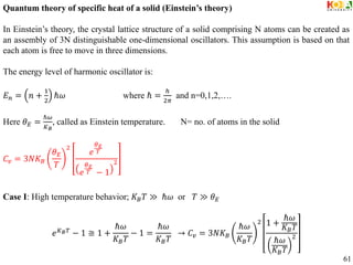Quantum theory of specific heat of a solid (Einstein’s theory)
In Einstein’s theory, the crystal lattice structure of a solid comprising N atoms can be created as
an assembly of 3N distinguishable one-dimensional oscillators. This assumption is based on that
each atom is free to move in three dimensions.
The energy level of harmonic oscillator is:
𝐸𝑛 = 𝑛 +
1
2
ℏ𝜔 where ℏ =
ℎ
2𝜋
and n=0,1,2,….
Here 𝜃𝐸 =
ℏ𝜔
𝐾𝐵
, called as Einstein temperature. N= no. of atoms in the solid
𝐶𝑣 = 3𝑁𝐾𝐵
𝜃𝐸
𝑇
2
𝑒
𝜃𝐸
𝑇
𝑒
𝜃𝐸
𝑇 − 1
2
Case I: High temperature behavior; 𝐾𝐵𝑇 ≫ ℏ𝜔 or 𝑇 ≫ 𝜃𝐸
𝑒𝐾𝐵𝑇
− 1 ≅ 1 +
ℏ𝜔
𝐾𝐵𝑇
− 1 =
ℏ𝜔
𝐾𝐵𝑇
→ 𝐶𝑣 = 3𝑁𝐾𝐵
ℏ𝜔
𝐾𝐵𝑇
2 1 +
ℏ𝜔
𝐾𝐵𝑇
ℏ𝜔
𝐾𝐵𝑇
2
61
 