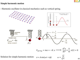 𝐹𝑠𝑝𝑟𝑖𝑛𝑔 = 𝑚𝑎 = −𝐾. 𝑥
𝑑2𝑥
𝑑𝑡2 +
𝑘
𝑚
𝑥 𝑡 = 0
x = 𝐴 sin ω𝑡 + ϕ 𝜔 =
𝑘
𝑚 44
Simple harmonic motion
- Harmonic oscillator in classical mechanics such as vertical spring.
Solution for simple harmonic motion:
 