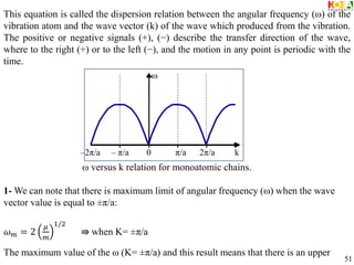 This equation is called the dispersion relation between the angular frequency (ω) of the
vibration atom and the wave vector (k) of the wave which produced from the vibration.
The positive or negative signals (+), (−) describe the transfer direction of the wave,
where to the right (+) or to the left (−), and the motion in any point is periodic with the
time.
ω versus k relation for monoatomic chains.
1- We can note that there is maximum limit of angular frequency (ω) when the wave
vector value is equal to ±π/a:
𝜔𝑚 = 2
𝜇
𝑚
1/2
⇛ when K= ±π/a
The maximum value of the ω (K= ±π/a) and this result means that there is an upper
w
–2π/a – π/a 0 π/a 2π/a k
51
 