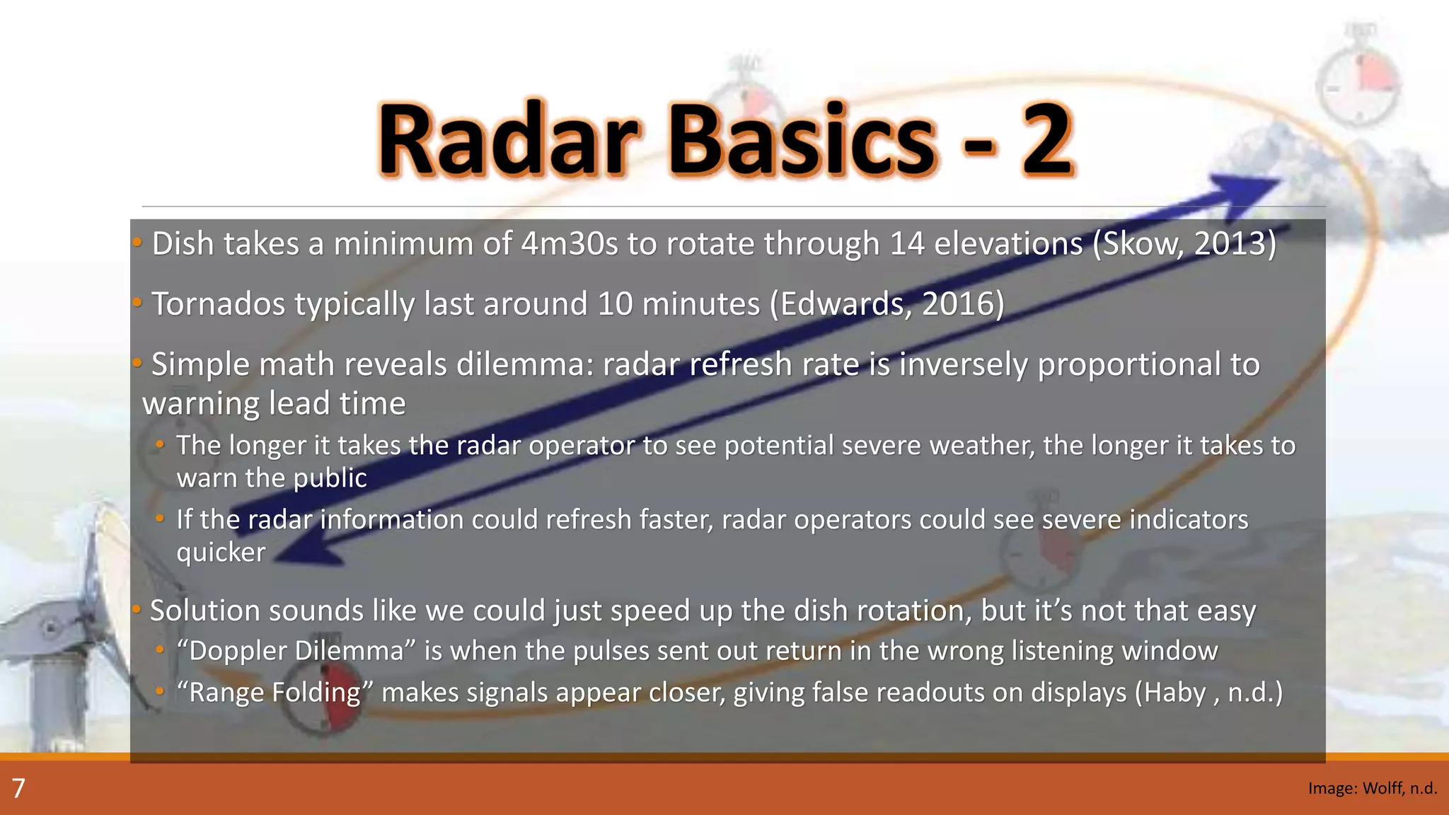 • Dish takes a minimum of 4m30s to rotate through 14 elevations (Skow, 2013)
• Tornados typically last around 10 minutes (Edwards, 2016)
• Simple math reveals dilemma: radar refresh rate is inversely proportional to
warning lead time
• The longer it takes the radar operator to see potential severe weather, the longer it takes to
warn the public
• If the radar information could refresh faster, radar operators could see severe indicators
quicker
• Solution sounds like we could just speed up the dish rotation, but it’s not that easy
• “Doppler Dilemma” is when the pulses sent out return in the wrong listening window
• “Range Folding” makes signals appear closer, giving false readouts on displays (Haby , n.d.)
Image: Wolff, n.d.7
 
