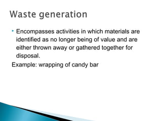  Encompasses activities in which materials are
identified as no longer being of value and are
either thrown away or gathered together for
disposal.
Example: wrapping of candy bar
 