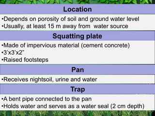 Location
•Depends on porosity of soil and ground water level
•Usually, at least 15 m away from water source
Squatting plate
•Made of impervious material (cement concrete)
•3’x3’x2”
•Raised footsteps
Pan
•Receives nightsoil, urine and water
Trap
•A bent pipe connected to the pan
•Holds water and serves as a water seal (2 cm depth)
 
