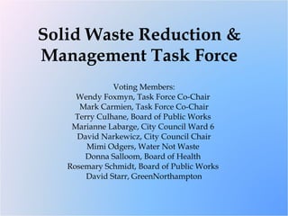 Solid Waste Reduction & Management Task Force Voting Members: Wendy Foxmyn, Task Force Co-Chair  Mark Carmien, Task Force Co-Chair Terry Culhane, Board of Public Works  Marianne Labarge, City Council Ward 6  David Narkewicz, City Council Chair Mimi Odgers, Water Not Waste  Donna Salloom, Board of Health  Rosemary Schmidt, Board of Public Works  David Starr, GreenNorthampton 