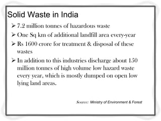 Solid Waste in India
  7.2 million tonnes of hazardous waste
  One Sq km of additional landfill area every-year
  Rs 1600 crore for treatment & disposal of these
   wastes
  In addition to this industries discharge about 150
   million tonnes of high volume low hazard waste
   every year, which is mostly dumped on open low
   lying land areas.

                           Source: Ministry of Environment & Forest
 
