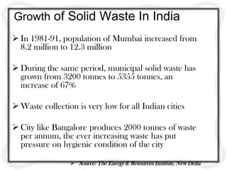 Growth of Solid Waste In India
 In 1981-91, population of Mumbai increased from
  8.2 million to 12.3 million

 During the same period, municipal solid waste has
  grown from 3200 tonnes to 5355 tonnes, an
  increase of 67%

 Waste collection is very low for all Indian cities

 City like Bangalore produces 2000 tonnes of waste
  per annum, the ever increasing waste has put
  pressure on hygienic condition of the city

                  Source: The Energy & Resources Institute, New Delhi
 
