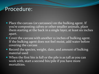 Procedure: 
 Place the carcass (or carcasses) on the bulking agent. If 
you’re composting calves or other smaller animals, place 
them starting at the back in a single layer, at least six inches 
apart. 
 Cover the carcass with another 12 inches of bulking agent. 
If the bulking agent does not feel moist, add water before 
covering the carcass 
 Record the species, weight, date, and amount of bulking 
material used 
 When the first bin is full or the pile is as tall as you can 
work with, start a second bin/pile if you have more 
mortalities. 
 