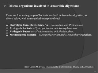 18
There are four main groups of bacteria involved in Anaerobic digestion, as
shown below, with some typical examples of each:
 Hydrolytic fermentative bacteria – Clostridium and Peptococcus.
 Acetogenic bacteria – Syntrophobacter and Syntrophomonas.
 Acidogenic bacteria – Methanosarcina and Methanothrix.
 Methanogenic bacteria – Methanobacterium and Methanobrevibacterium.
 Micro-organisms involved in Anaerobic digestion:
[Ref: Gareth M. Evans, Environmental Biotechnology, Theory and Application]
 
