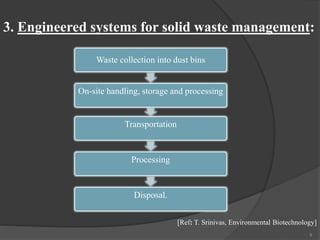 3. Engineered systems for solid waste management:
Waste collection into dust bins
On-site handling, storage and processing
Transportation
Processing
Disposal.
[Ref: T. Srinivas, Environmental Biotechnology]
9
 