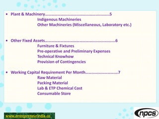 • Plant & Machinery……………………………………………..……..5
Indigenous Machineries
Other Machineries (Miscellaneous, Laboratory etc.)
• Other Fixed Assets………………………………………..........….......6
Furniture & Fixtures
Pre-operative and Preliminary Expenses
Technical Knowhow
Provision of Contingencies
• Working Capital Requirement Per Month……………………….…7
Raw Material
Packing Material
Lab & ETP Chemical Cost
Consumable Store
www.entrepreneurindia.co
 