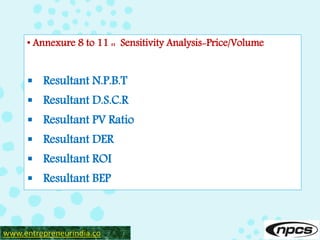 • Annexure 8 to 11 :: Sensitivity Analysis-Price/Volume
 Resultant N.P.B.T
 Resultant D.S.C.R
 Resultant PV Ratio
 Resultant DER
 Resultant ROI
 Resultant BEP
www.entrepreneurindia.co
 