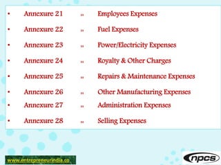 • Annexure 21 :: Employees Expenses
• Annexure 22 :: Fuel Expenses
• Annexure 23 :: Power/Electricity Expenses
• Annexure 24 :: Royalty & Other Charges
• Annexure 25 :: Repairs & Maintenance Expenses
• Annexure 26 :: Other Manufacturing Expenses
• Annexure 27 :: Administration Expenses
• Annexure 28 :: Selling Expenses
www.entrepreneurindia.co
 