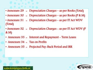 • Annexure 29 :: Depreciation Charges – as per Books (Total)
• Annexure 30 :: Depreciation Charges – as per Books (P & M)
• Annexure 31 :: Depreciation Charges - as per IT Act WDV
(Total)
• Annexure 32 :: Depreciation Charges - as per IT Act WDV (P
& M)
• Annexure 33 :: Interest and Repayment - Term Loans
• Annexure 34 :: Tax on Profits
• Annexure 35 :: Projected Pay-Back Period and IRR
www.entrepreneurindia.co
 