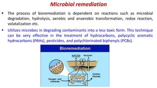 Microbial remediation
 The process of bioremediation is dependent on reactions such as microbial
degradation, hydrolysis, aerobic and anaerobic transformation, redox reaction,
volatalization etc.
 Utilizes microbes in degrading contaminants into a less toxic form. This technique
can be very effective in the treatment of hydrocarbons, polycyclic aromatic
hydrocarbons (PAHs), pesticides, and polychlorinated biphenyls (PCBs).
 
