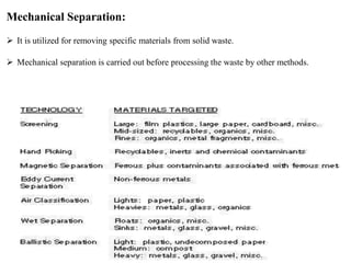 Mechanical Separation:
 It is utilized for removing specific materials from solid waste.
 Mechanical separation is carried out before processing the waste by other methods.
 