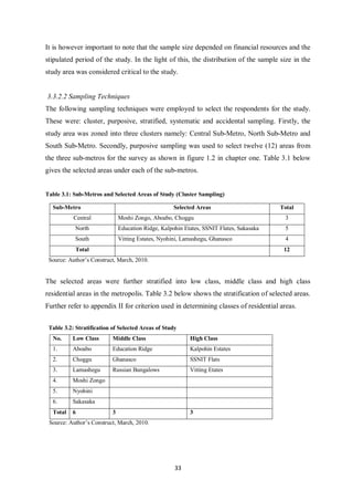 It is however important to note that the sample size depended on financial resources and the
stipulated period of the study. In the light of this, the distribution of the sample size in the
study area was considered critical to the study.


3.3.2.2 Sampling Techniques
The following sampling techniques were employed to select the respondents for the study.
These were: cluster, purposive, stratified, systematic and accidental sampling. Firstly, the
study area was zoned into three clusters namely: Central Sub-Metro, North Sub-Metro and
South Sub-Metro. Secondly, purposive sampling was used to select twelve (12) areas from
the three sub-metros for the survey as shown in figure 1.2 in chapter one. Table 3.1 below
gives the selected areas under each of the sub-metros.


Table 3.1: Sub-Metros and Selected Areas of Study (Cluster Sampling)

  Sub-Metro                                          Selected Areas                       Total
           Central             Moshi Zongo, Aboabo, Choggu                                 3
           North               Education Ridge, Kalpohin Etates, SSNIT Flates, Sakasaka    5
           South               Vitting Estates, Nyohini, Lamashegu, Ghanasco               4
           Total                                                                           12
 Source: Author’s Construct, March, 2010.


The selected areas were further stratified into low class, middle class and high class
residential areas in the metropolis. Table 3.2 below shows the stratification of selected areas.
Further refer to appendix II for criterion used in determining classes of residential areas.


 Table 3.2: Stratification of Selected Areas of Study
  No.     Low Class        Middle Class                    High Class
  1.      Aboabo           Education Ridge                 Kalpohin Estates
  2.      Choggu           Ghanasco                        SSNIT Flats
  3.      Lamashegu        Russian Bungalows               Vitting Etates
  4.      Moshi Zongo
  5.      Nyohini
  6.      Sakasaka
  Total   6                3                               3
 Source: Author’s Construct, March, 2010.




                                                     33
 