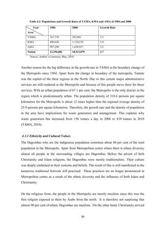 Table 4.2: Populations and Growth Rates of TAMA, KMA and AMA of 1984 and 2000

         Year          1984                2000              Growth Rate
     Area
     TAMA              167,778             293,881           3.5
     KMA               496,628             1,170,270         5.4
     AMA               987,290             1,658,937         3.2
     Nation            12,296,081          18,912,079        2.7
       Source: Author’s Construct, May, 2010.


Another reason for the big difference in the growth rate in TAMA is the boundary change of
the Metropolis since 1984. Apart from the change in boundary of the metropolis, Tamale
was the capital of the three regions in the North. Due to this certain major administrative
services are still rendered in the Metropolis and because of this people move there for these
services. With an urban population of 67.1 per cent; the Metropolis is the only district in the
region which is predominantly urban. The population density of 318.6 persons per square
kilometres for the Metropolis is about 12 times higher than the regional average density of
25.9 persons per square kilometres. Therefore, the growth rate and the density of population
in the area have implications for waste generation and management. This explains why
waste generation has increased from 150 tonnes a day in 2006 to 810 tonnes in 2010
(TAMA, 2010).


4.3.1 Ethnicity and Cultural Values
The Dagombas who are the indigenous population constitute about 80 per cent of the total
population in the Metropolis. Apart from Metropolitan centre where there is ethnic diversity
almost all people in the surrounding villages are Dagombas. Before the advent of both
Christianity and Islam religions, the Dagombas were mostly traditionalists. Their culture
was deeply enshrined in their customs and beliefs. The result of this is still manifested in the
numerous traditional festivals still practised. These practices are no longer pronounced in
Metropolitan centre as a result of the ethnic diversity and the influence of both Islam and
Christianity.


On the religious front, the people in the Metropolis are mostly muslims since this was the
first religion exposed to them by Arabs from the north. It is therefore not surprising that
almost 90 per cent of ethnic Dagombas are muslims. On the other hand, Christianity arrived


                                                     39
 