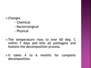  Changes
- Chemical
- Bacteriological
- Physical
 The temperature rises to over 60 deg. C
within 7 days and kills all pathogens and
hastens the decomposition process.
 It takes 4 to 6 months for complete
decomposition.
 