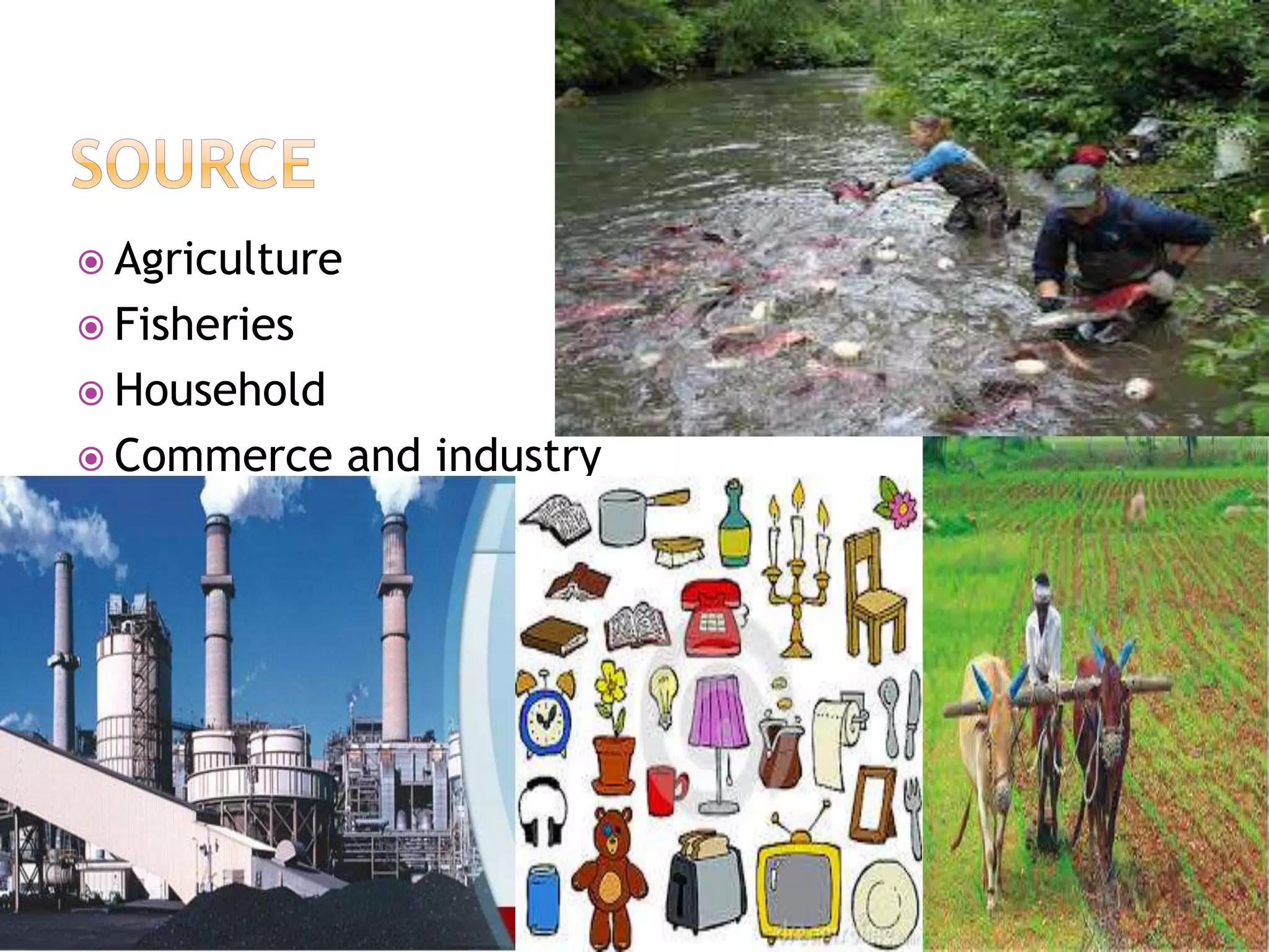  Agriculture 
 Fisheries 
 Household 
 Commerce and industry 
 