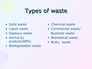 Types of wasteTypes of waste
• Solid waste
• Liquid waste
• Gaseous waste
• Animal by
product(ABPs)
• Biodegradable waste
• Chemical waste
• Commercial waste/
Business waste
• Biomedical waste
• Bulky waste
 