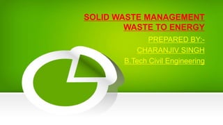 SOLID WASTE MANAGEMENT
WASTE TO ENERGY
PREPARED BY:-
CHARANJIV SINGH
B.Tech Civil Engineering
 