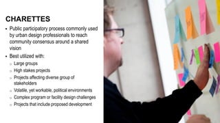  Public participatory process commonly used
by urban design professionals to reach
community consensus around a shared
vision
 Best utilized with:
o Large groups
o High stakes projects
o Projects affecting diverse group of
stakeholders
o Volatile, yet workable, political environments
o Complex program or facility design challenges
o Projects that include proposed development
CHARETTES
 