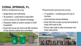 Online residential survey
CORAL SPRINGS, FL
Phone/email commercial survey
 13 questions – including type and size of
business
 Used business license database
 Email with link to online survey sent directly to
those with email on file
 Phone calls made to other businesses over
three week period
 Single-family and multi-family
 35 questions - customized to respondent
 Link to survey on City website homepage
 Postcards mailed to random sample of 4,000
households
 Email with survey link sent to all 480 members
of City advisory boards and committees
 