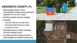  Model applied results of recent
characterization studies to waste generation
projections for the next 10 years
 Identified possible diversion strategies
 Examples:
o Automated collection and single stream
o Mixed Waste Material Recovery Facility
o Landfill gas to energy
 Estimated diversion impacts associated
with each strategy by year
 Combined diversion impacts of all short-
listed strategies to estimate recycling rates
SARASOTA COUNTY, FL
 