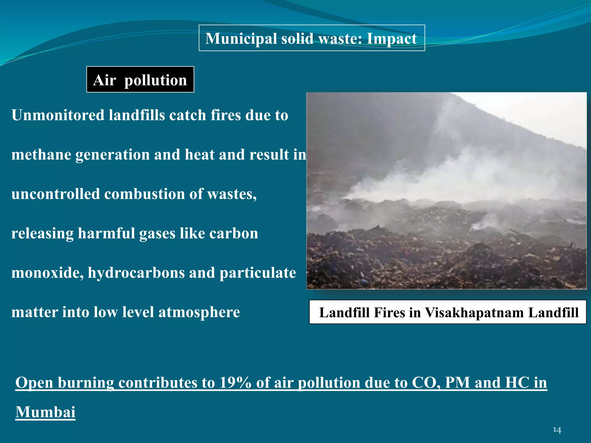 Air pollution
Unmonitored landfills catch fires due to
methane generation and heat and result in
uncontrolled combustion of wastes,
releasing harmful gases like carbon
monoxide, hydrocarbons and particulate
matter into low level atmosphere Landfill Fires in Visakhapatnam Landfill
Open burning contributes to 19% of air pollution due to CO, PM and HC in
Mumbai
Municipal solid waste: Impact
14
 