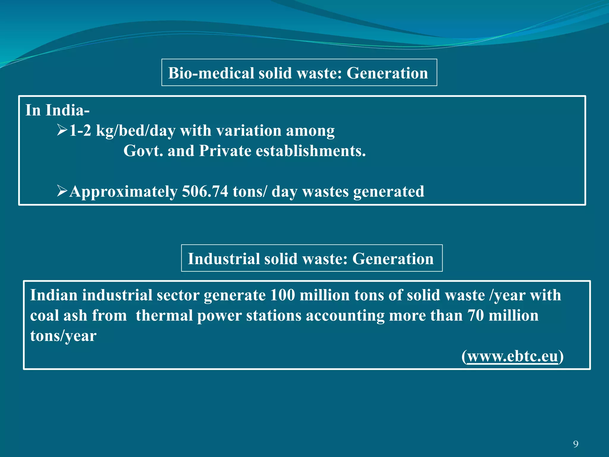In India-
1-2 kg/bed/day with variation among
Govt. and Private establishments.
Approximately 506.74 tons/ day wastes generated
Bio-medical solid waste: Generation
Indian industrial sector generate 100 million tons of solid waste /year with
coal ash from thermal power stations accounting more than 70 million
tons/year
(www.ebtc.eu)
Industrial solid waste: Generation
9
 