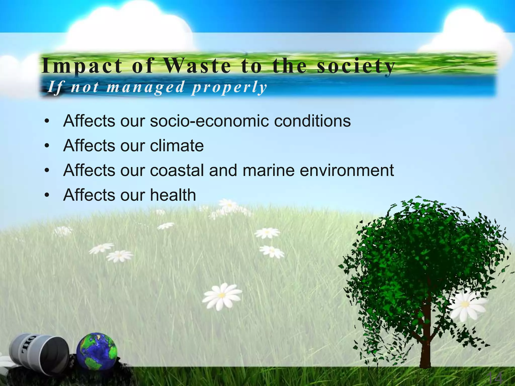 • Affects our socio-economic conditions
• Affects our climate
• Affects our coastal and marine environment
• Affects our health
14
Impact of Waste to the society
If not managed properly
 