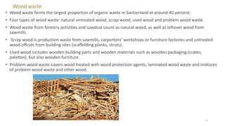 Wood waste
• Wood waste forms the largest proportion of organic waste in Switzerland at around 40 percent.
• Four types of wood waste: natural untreated wood, scrap wood, used wood and problem wood waste.
• Wood waste from forestry activities and sawdust count as natural wood, as well as leftover wood from
sawmills.
• Scrap wood is production waste from sawmills, carpenters' workshops or furniture factories and untreated
wood offcuts from building sites (scaffolding planks, struts).
• Used wood includes wooden building parts and wooden materials such as wooden packaging (crates,
palettes), but also wooden furniture.
• Problem wood waste covers wood treated with wood protection agents, laminated wood waste and mixtures
of problem wood waste and other wood.
14
 