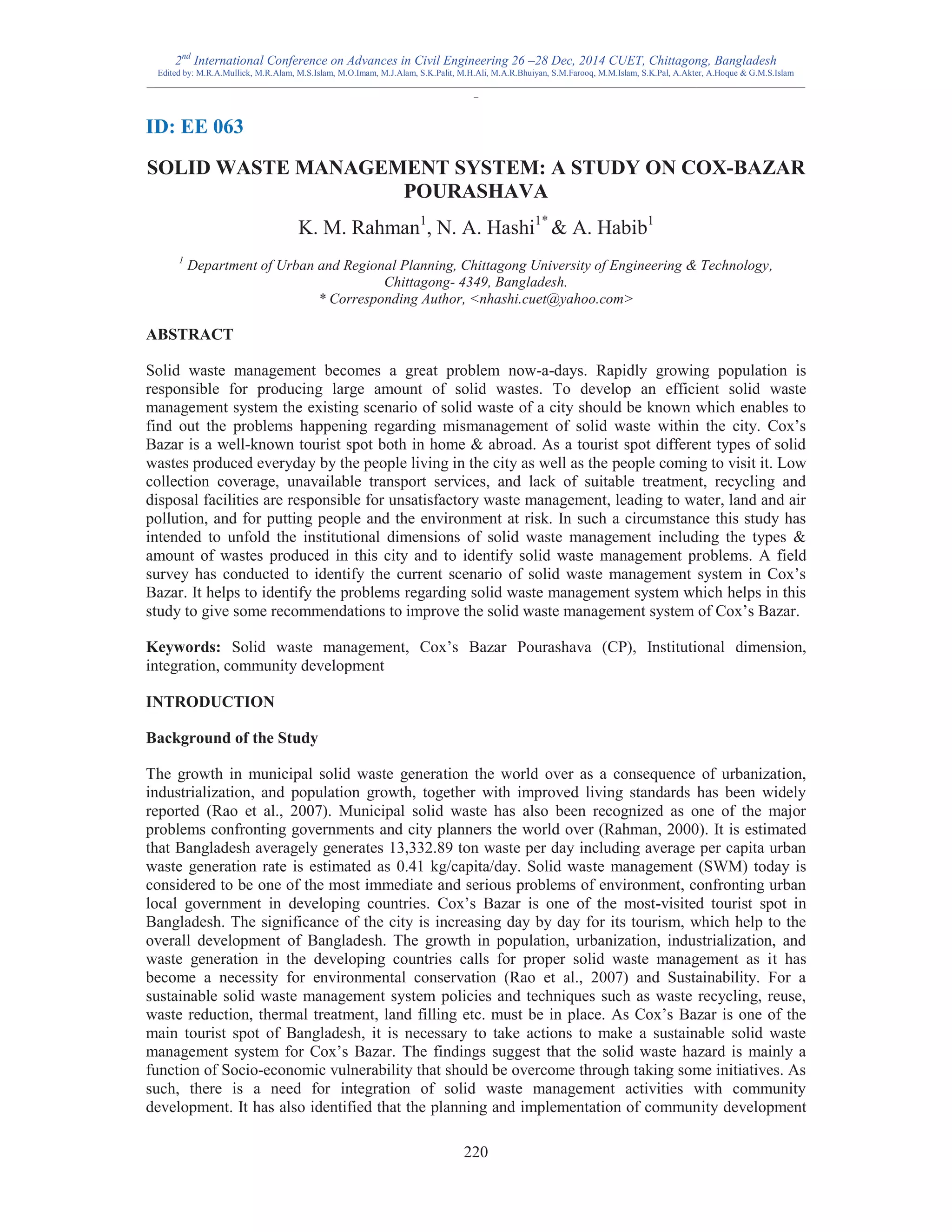 Solid Waste Management System: A Study on Cox-Bazar Pourashava | PDF