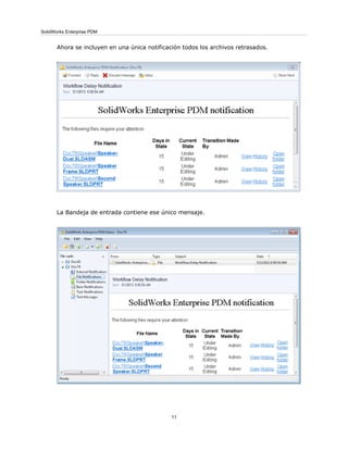 Ahora se incluyen en una única notificación todos los archivos retrasados.
La Bandeja de entrada contiene ese único mensaje.
11
SolidWorks Enterprise PDM
 