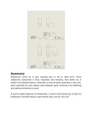 Summary
Solidworks works by it user creating part in 3D or solid form. Three
solidworks component is Part, Assembly and Drawing. Part define by it
sketch and selected feature. Assembly is how all parts assemble in one unit,
parts assemble by user adding mate between parts. Drawing is for detailing
and adding dimensions to part.
If you’re totally beginner to Solidworks, I would recommend you to get my
Solidworks Tutorials Ebook to get started. Buy now for only $12
 