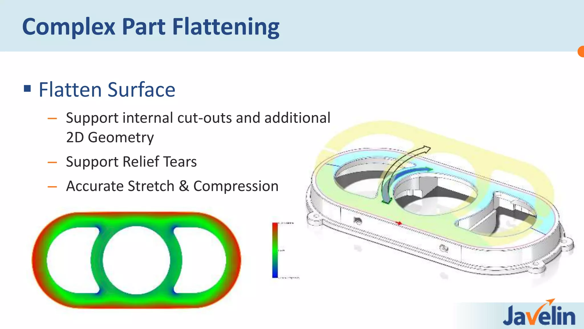  Flatten Surface
– Support internal cut-outs and additional
2D Geometry
– Support Relief Tears
– Accurate Stretch & Compression
Complex Part Flattening
 