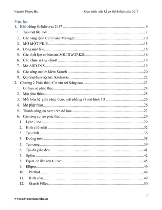 Nguyễn Phước Hải Giáo trình thiết kế cơ khí Solidworks 2017
2
www.advancecad.edu.vn
Mục lục
1. Khởi động Solidworks 2017 ...................................................................................... 6
1. Tạo một file mới...................................................................................................... 7
2. Các bảng lệnh Command Manager ........................................................................10
3. MỞ MỘT FILE.....................................................................................................15
4. Đóng một file.........................................................................................................16
5. Các thiết lập cơ bản của SOLIDWORKS...............................................................16
6. Các chức năng chuột ..........................................................................................19
7. Mở ADD-INS........................................................................................................19
8. Các công cụ tìm kiếm-Search ................................................................................20
9. Quytrình làmviệc trênSolidworks ..............................................................................22
2. Chương 2 Phác thảo :Cơ bản tới Nâng cao ...............................................................23
1. Cơ bản về phác thảo ..............................................................................................24
2. Mặt phác thảo.........................................................................................................25
3. Mối liên hệ giữa phác thảo, mặt phẳng và mô hình 3D ........................................26
4. Mở phác thảo..........................................................................................................26
5. Thanh công cụ xem trên đồ họa ...........................................................................27
6. Các công cụ tạo phác thảo .......................................................................................29
1. Lệnh Line ...........................................................................................................29
2. Hình chữ nhật .....................................................................................................32
3. Tạo rãnh .............................................................................................................36
4. Đường tròn .........................................................................................................38
5. Tạo cung.............................................................................................................39
6. Tạo đa giác đều...................................................................................................41
7. Spline .................................................................................................................42
8. Equation Driven Curve ......................................................................................45
9. Ellipse.................................................................................................................46
10. Parabol ............................................................................................................48
11. Hình côn..........................................................................................................49
12. Sketch Fillet.....................................................................................................50
 
