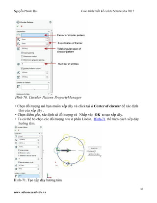 Nguyễn Phước Hải Giáo trình thiết kế cơ khí Solidworks 2017
63
www.advancecad.edu.vn
Hình-70. Circular Pattern PropertyManager
• Chọn đối tượng mà bạn muốn xếp dãy và click tại ô Center of circular để xác định
tâm của xếp dãy .
• Chọn điểm gốc, xác định số đối tượng và Nhấp vào OK to tạo xếp dãy.
• Ta có thể bỏ chọn các đối tượng như ở phần Linear. Hình-71 thể hiện cách xếp dãy
hướng tâm.
Hình-71. Tạo xếp dãy hướng tâm
 