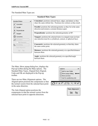 SolidWorks Tutorial 2005




               Copyrighted
The Standard Mate Types are:

                                 Standard Mate Types:

                             Coincident: positions selected faces, edges, and planes so they


                 Material
                             share the same infinite line. Positions two vertices so they touch.

                             Parallel: positions the selected geometry so they lie in the same
                             direction and remain a constant distance apart.

                             Perpendicular: positions the selected geometry at 90º.

                             Tangent: positions the selected items in a tangent mate (at least
                             one selection must be a cylindrical, conical, or spherical face)



               Copyrighted   Concentric: positions the selected geometry so that they share
                             the same center point.




                 Material
                             Distance: positions the selected geometry at a specified distance
                             between them.

                             Angle: positions the selected geometry at a specified angle
                             between them.



The Mate, Show popup dialog box, displays the



               Copyrighted
Pop-up toolbar during the Mate options. The
Standard Mate Types, Aligned/Anti-Aligned,
Undo and OK are displayed in the Pop-up
toolbar.



                 Material
There are two Mate Alignment options. The
Aligned option positions the components so that
the normal vectors from the selected faces point
in the same direction.

The Anti-Aligned option positions the
components so that the normal vectors from the
selected faces point in opposite directions.


               Copyrighted
                 Material
                                         PAGE 1 - 32
 