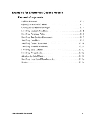 Flow Simulation 2012 Tutorial ix
Examples for Electronics Cooling Module
Electronic Components
Problem Statement . . . . . . . . . . . . . . . . . . . . . . . . . . . . . . . . . . . . . . . . . . E1-1
Opening the SolidWorks Model . . . . . . . . . . . . . . . . . . . . . . . . . . . . . . . . E1-2
Creating a Flow Simulation Project . . . . . . . . . . . . . . . . . . . . . . . . . . . . . E1-4
Specifying Boundary Conditions . . . . . . . . . . . . . . . . . . . . . . . . . . . . . . . E1-5
Specifying Perforated Plates. . . . . . . . . . . . . . . . . . . . . . . . . . . . . . . . . . . E1-6
Specifying Two-Resistor Components . . . . . . . . . . . . . . . . . . . . . . . . . . . E1-7
Specifying Heat Pipes. . . . . . . . . . . . . . . . . . . . . . . . . . . . . . . . . . . . . . . . E1-9
Specifying Contact Resistances . . . . . . . . . . . . . . . . . . . . . . . . . . . . . . . E1-10
Specifying Printed Circuit Board . . . . . . . . . . . . . . . . . . . . . . . . . . . . . . E1-11
Specifying Solid Materials . . . . . . . . . . . . . . . . . . . . . . . . . . . . . . . . . . . E1-12
Specifying Project Goals . . . . . . . . . . . . . . . . . . . . . . . . . . . . . . . . . . . . E1-12
Adjusting the Initial Mesh . . . . . . . . . . . . . . . . . . . . . . . . . . . . . . . . . . . E1-13
Specifying Local Initial Mesh Properties. . . . . . . . . . . . . . . . . . . . . . . . E1-14
Results . . . . . . . . . . . . . . . . . . . . . . . . . . . . . . . . . . . . . . . . . . . . . . . . . . E1-14
 
