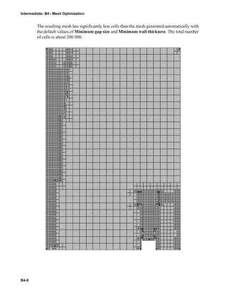 Intermediate: B4 - Mesh Optimization
B4-8
The resulting mesh has significantly less cells than the mesh generated automatically with
the default values of Minimum gap size and Minimum wall thickness. The total number
of cells is about 200 000.
 