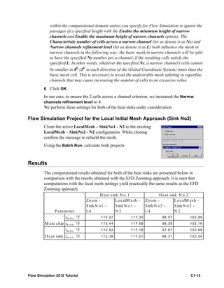 Flow Simulation 2012 Tutorial C1-15
within the computational domain unless you specify for Flow Simulation to ignore the
passages of a specified height with the Enable the minimum height of narrow
channels and Enable the maximum height of narrow channels options. The
Characteristic number of cells across a narrow channel (let us denote it as Nc) and
Narrow channels refinement level (let us denote it as L) both influence the mesh in
narrow channels in the following way: the basic mesh in narrow channels will be split
to have the specified Nc number per a channel, if the resulting cells satisfy the
specified L. In other words, whatever the specified Nc, a narrow channel’s cells cannot
be smaller in 8L
(2L
in each direction of the Global Coordinate System) times than the
basic mesh cell. This is necessary to avoid the undesirable mesh splitting in superfine
channels that may cause increasing the number of cells to an excessive value.
6 Click OK.
In our case, to ensure the 2 cells across a channel criterion, we increased the Narrow
channels refinement level to 4.
We perform these settings for both of the heat sinks under consideration.
Flow Simulation Project for the Local Initial Mesh Approach (Sink No2)
Clone the active LocalMesh – SinkNo1 - N2 to the existing
LocalMesh – SinkNo2 - N2 configuration. While cloning
confirm the message to rebuild the mesh.
Using the Batch Run, calculate both projects.
Results
The computational results obtained for both of the heat sinks are presented below in
comparison with the results obtained with the EFD Zooming approach. It is seen that
computations with the local mesh settings yield practically the same results as the EFD
Zooming approach.
Zoom -
SinkN o1 -
L4
LocalM esh -
SinkN o1 -
N 2
Zoom -
SinkN o2 -
L4
LocalM esh -
S inkN o2 -
N 2
tm a x , °F 113.07 117.33 98.07 102.89
tav e r, °F 113.44 117.58 98.38 103.16
tm a x , °F 112.92 117.18 97.87 102.68
tav e r, °F 113.38 117.51 98.31 103.09Heat sink
Heat sink N o.2
Parameter
M ain chip
H eat sink N o.1
 