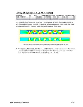 Flow Simulation 2012 Tutorial C3-5
As shown in the results table above, the channel's total pressure loss is about 60 Pa, i.e.
60...70 times lower than with the 3% aqueous solution of xanthan gum, this is due to the
water's much smaller viscosity under the problem's flow shear rates.
1 Georgiou G., Momani S., Crochet M.J., and Walters K. Newtonian and Non-Newtonian
Flow in a Channel Obstructed by an Antisymmetric Array of Cylinders. Journal of
Non-Newtonian Fluid Mechanics, v.40 (1991), p.p. 231-260.
Array of C ylin ders.SL D P R T [w ater]
Go a l Na m e Unit V a lu e Ave ra ge d V a lue M in im um V a lu e M a x im u m V a lue P rogre ss [%]
S G A v Total P ressure 1 [P a] 101403.5584 101403.7646 101403.4033 101404.2022 100
S G A v Total P ressure 2 [P a] 101329.8163 101329.8239 101329.7915 101329.8473 100
P ressure Drop [P a] 73.74209017 73.94078411 73.56685744 74.3741033 100
The XGS (above) and water velocity distribution in the range from 0 to 30 cm/s.
 
