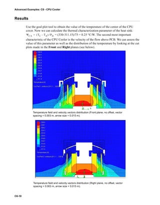 Advanced Examples: C6 - CPU Cooler
C6-10
Results
Use the goal plot tool to obtain the value of the temperature of the center of the CPU
cover. Now we can calculate the thermal characterization parameter of the heat sink:
= (330-311.15)/75 = 0.25 °C/W. The second most important
characteristic of the CPU Cooler is the velocity of the flow above PCB. We can assess the
value of this parameter as well as the distribution of the temperature by looking at the cut
plots made in the Front and Right planes (see below).
ΨCA TC TA–( ) PD⁄=
Temperature field and velocity vectors distribution (Front plane, no offset, vector
spacing = 0.003 m, arrow size = 0.015 m).
Temperature field and velocity vectors distribution (Right plane, no offset, vector
spacing = 0.003 m, arrow size = 0.015 m).
 