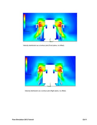 Flow Simulation 2012 Tutorial C6-11
Velocity distribution as a contour plot (Front plane, no offset).
Velocity distribution as a contour plot (Right plane, no offset).
 