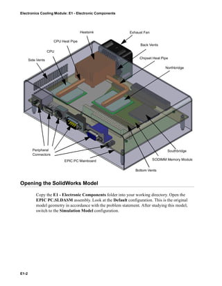 Electronics Cooling Module: E1 - Electronic Components
E1-2
Opening the SolidWorks Model
Copy the E1 - Electronic Components folder into your working directory. Open the
EPIC PC.SLDASM assembly. Look at the Default configuration. This is the original
model geometry in accordance with the problem statement. After studying this model,
switch to the Simulation Model configuration.
Peripheral
Connectors
Side Vents
CPU
CPU Heat Pipe
Heatsink Exhaust Fan
Chipset Heat Pipe
Northbridge
Southbridge
Bottom Vents
EPIC PC Mainboard
Back Vents
SODIMM Memory Module
 