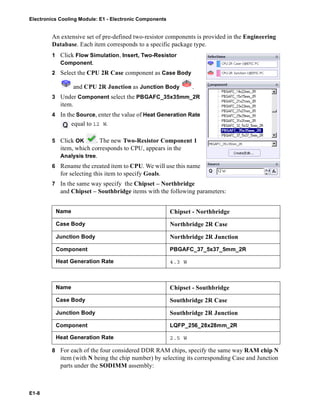 Electronics Cooling Module: E1 - Electronic Components
E1-8
An extensive set of pre-defined two-resistor components is provided in the Engineering
Database. Each item corresponds to a specific package type.
1 Click Flow Simulation, Insert, Two-Resistor
Component.
2 Select the CPU 2R Case component as Case Body
and CPU 2R Junction as Junction Body .
3 Under Component select the PBGAFC_35x35mm_2R
item.
4 In the Source, enter the value of Heat Generation Rate
equal to 12 W.
5 Click OK . The new Two-Resistor Component 1
item, which corresponds to CPU, appears in the
Analysis tree.
6 Rename the created item to CPU. We will use this name
for selecting this item to specify Goals.
7 In the same way specify the Chipset – Northbridge
and Chipset – Southbridge items with the following parameters:
8 For each of the four considered DDR RAM chips, specify the same way RAM chip N
item (with N being the chip number) by selecting its corresponding Case and Junction
parts under the SODIMM assembly:
Name Chipset - Northbridge
Case Body Northbridge 2R Case
Junction Body Northbridge 2R Junction
Component PBGAFC_37_5x37_5mm_2R
Heat Generation Rate 4.3 W
Name Chipset - Southbridge
Case Body Southbridge 2R Case
Junction Body Southbridge 2R Junction
Component LQFP_256_28x28mm_2R
Heat Generation Rate 2.5 W
 