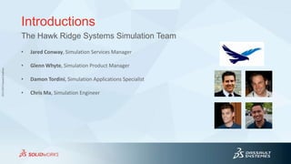 3DS.COM©DassaultSystèmes
Introductions
• Jared Conway, Simulation Services Manager
• Glenn Whyte, Simulation Product Manager
• Damon Tordini, Simulation Applications Specialist
• Chris Ma, Simulation Engineer
The Hawk Ridge Systems Simulation Team
 