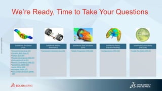 3DS.COM©DassaultSystèmes
We’re Ready, Time to Take Your Questions
SolidWorks Simulation
(FEA)
•Ground Contact (Cus-DH)
•Dynamic Bolts (Cus-JP)
•Fatigue (Cus-DH)
•Results Convergence (HRS-DT)
•Submodeling (Cus-DH)
•Results Convergence (HRS-DT)
•Convection (SWW-CM)
•Joints (SWW-GW)
•Adhesives (SWW-DT)
•Non-Uniform Pressure (SWW-
CM)
SolidWorks Motion
(Kinematics)
•Component Intraction (Cus-CD)
SolidWorks Flow Simulation
(CFD)
•Model Preparation (HRS-CM)
SolidWorks Plastics
(Injection Molding)
•Configurations (HRS-CM)
SolidWorks Sustainability
(Life Cycle)
•Enable The Addin (HRS-JC)
 