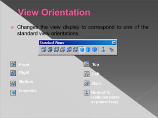 ⦿ Changes the view display to correspond to one of the
standard view orientations.
Front
Right
Bottom
Isometric
Top
Left
Back
Normal To
(selected plane
or planar face)
 